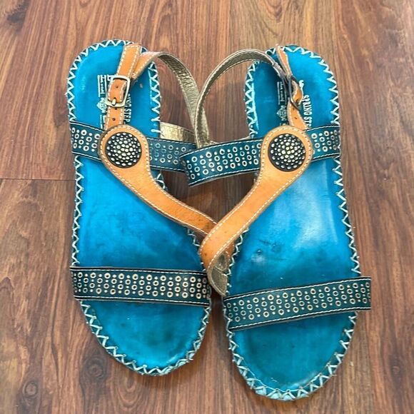 spring step L”Artiste Leather artisan sandals, size 36 turquoise and orange - Picture 3 of 5